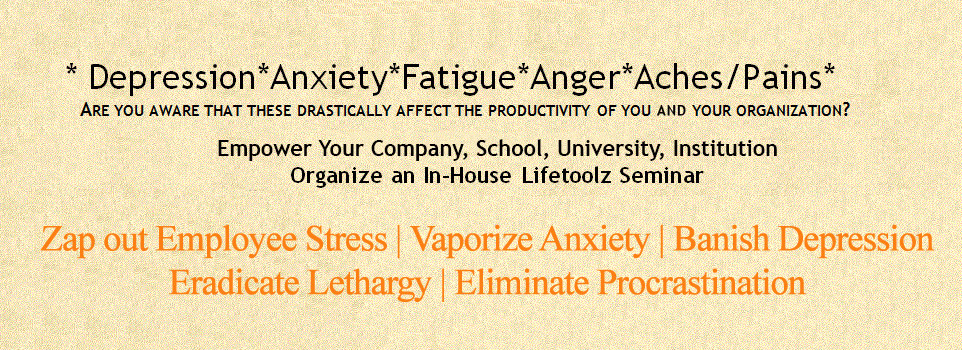 Depression, anxiety, fatigue, anger, aches, pains. Zap out employee stress, Lifetoolz Seminar offered by Intent Consultancies Canada, Cyrus Mehta. Empower your company!